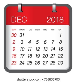 December 2018 calendar vector illustration, simple and clean design.