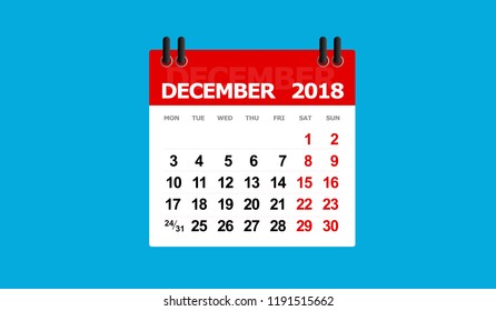 december 2018 calendar vector isolated blue background