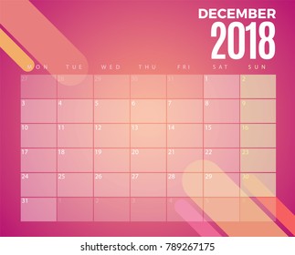 December 2018 Calendar. Vector schedule planner template design