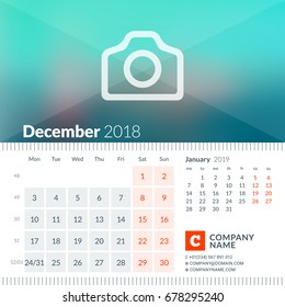 December 2018. Calendar for 2018 Year. Week Starts on Monday. 2 Months on Page. Vector Design Print Template with Place for Photo and Company Information