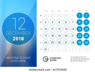 December 2018. Desk Calendar for 2018 Year. Vector Design Print Template with Place for Photo. Week Starts on Monday. Calendar Grid with Week Numbers