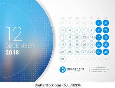 December 2018. Desk Calendar for 2018 Year. Vector Design Print Template with Place for Photo. Week Starts on Monday