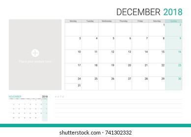 December 2018 illustration vector calendar or desk planner, weeks start on Monday, with empty lines for writing notes and space for picture