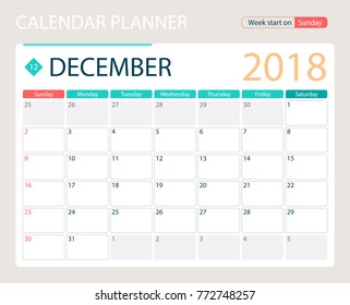 DECEMBER 2018, illustration vector calendar or desk planner, weeks start on Sunday, size of paper for printing A4.