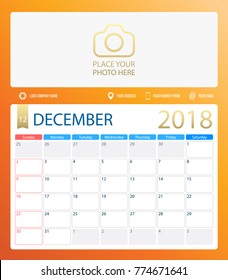 DECEMBER 2018, illustration vector calendar or desk planner, weeks start on Sunday, size of paper for printing A4. Orange yellow color.