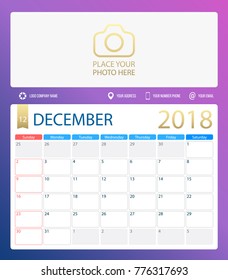DECEMBER 2018, illustration vector calendar or desk planner, weeks start on Sunday, size of paper for printing A4. Dark blue Violet color.