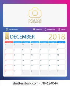 DECEMBER 2018, illustration vector calendar or desk planner, weeks start on Sunday, size of paper for printing A4. Blue is purple color.