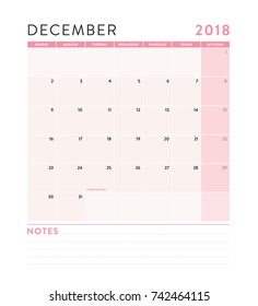 December 2018 Monthly Calendar with Notes Vector Illustration
