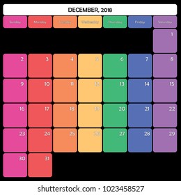 December 2018 Planner Calendar big editable space color day
