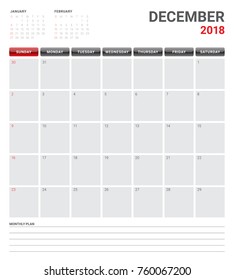 December 2018 planner calendar vector illustration, simple and clean design.