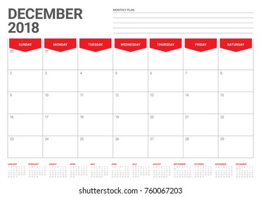 December 2018 planner calendar vector illustration, simple and clean design.