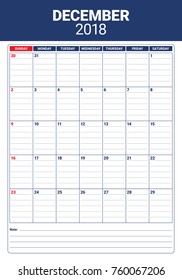December 2018 planner calendar vector illustration, simple and clean design.