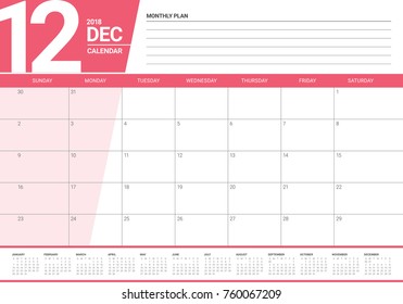 December 2018 planner calendar vector illustration, simple and clean design.
