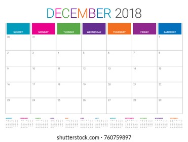 December 2018 planner calendar vector illustration, simple and clean design.