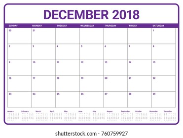 December 2018 planner calendar vector illustration, simple and clean design.