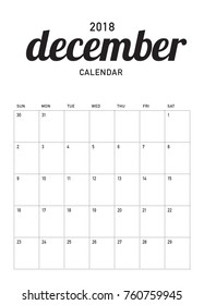 December 2018 planner calendar vector illustration, simple and clean design.