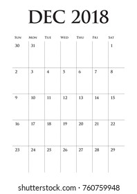 December 2018 planner calendar vector illustration, simple and clean design.