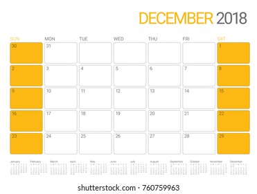 December 2018 planner calendar vector illustration, simple and clean design.