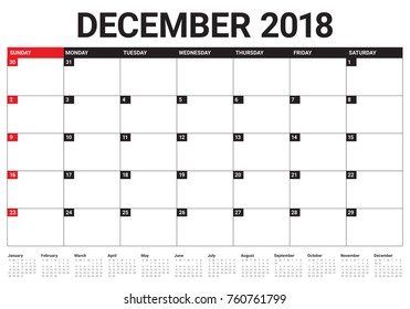 December 2018 planner calendar vector illustration, simple and clean design.