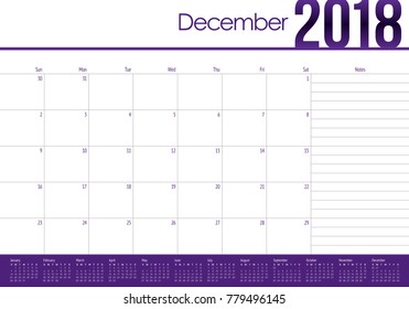 December 2018 planner calendar vector illustration, simple and clean design.