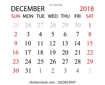 December 2018. Vector monthly calendar template 2018 year in simple style for template design. Week starts from Sunday.