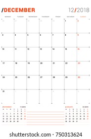 December 2018. Vector Print Template. Monthly Calendar Planner for 2018 Year. Week Starts Monday. 3 Months on the Page. Stationery Design