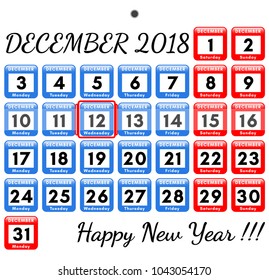 December 2018. Vector template for the monthly calendar 2018 in a simple style for design templates.