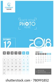 December 2018. Wall Calendar 2018. 2 Months on Page. Vector Design. Template with Place for Photo and Company Logo