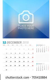 December 2018. Wall calendar planner template. Vector design print template with place for photo. Week starts on Monday. 3 Months on page