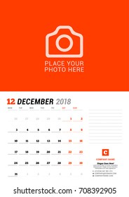 December 2018. Wall calendar planner template. Vector design print template with place for photo. Week starts on Monday. 3 Months on page