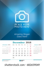 December 2018. Wall Monthly Calendar for 2018 Year. Vector Design Print Template with Place for Photo. Week Starts on Monday. 3 Months on Page