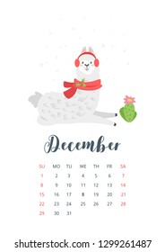 December 2019 calendar page. Cute lama. Alpaca animal with red Christmas scarf. Vector illustration, isolated on white background. 