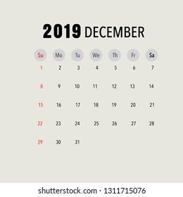 December 2019 calendar page. Vector illustration.