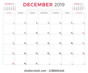 December 2019. Calendar planner stationery design template. Vector illustration. Week starts on Sunday