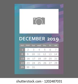 December 2019 calendar. Week starts sunday.  Layers grouped for easy editing illustration. For your design.