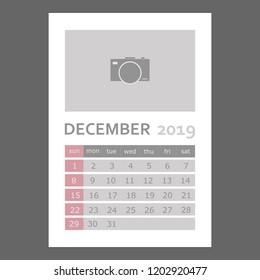 December 2019 calendar. Week starts sunday.  Layers grouped for easy editing illustration. For your design.