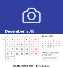 December 2019 desk calendar page. Week starts on Monday. Vector design print template