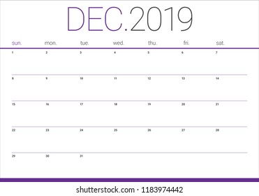 December 2019 desk calendar vector illustration, simple and clean design.