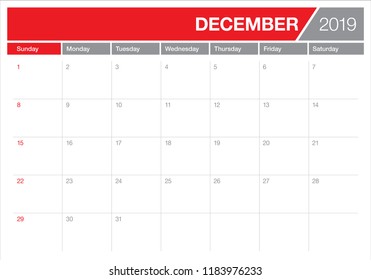 December 2019 desk calendar vector illustration, simple and clean design.