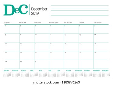 December 2019 desk calendar vector illustration, simple and clean design.