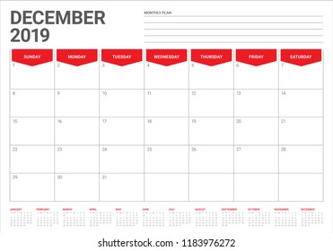 December 2019 desk calendar vector illustration, simple and clean design.