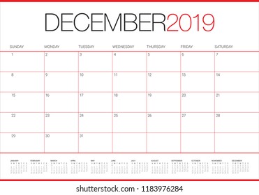 December 2019 desk calendar vector illustration, simple and clean design.