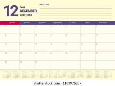 December 2019 desk calendar vector illustration, simple and clean design.