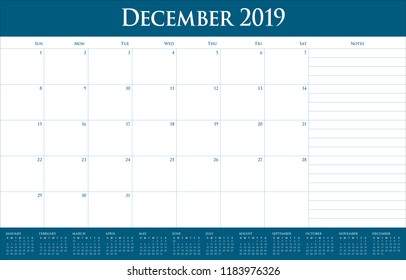 December 2019 desk calendar vector illustration, simple and clean design.