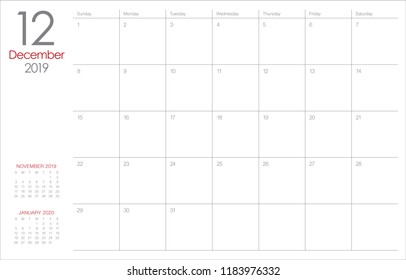 December 2019 desk calendar vector illustration, simple and clean design.
