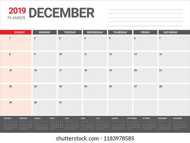 Ilustración vectorial del calendario de escritorio de diciembre de 2019, diseño simple y limpio.