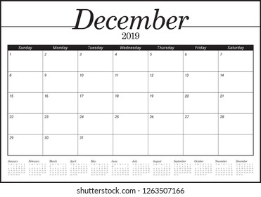 December 2019 desk calendar vector illustration, simple and clean design.