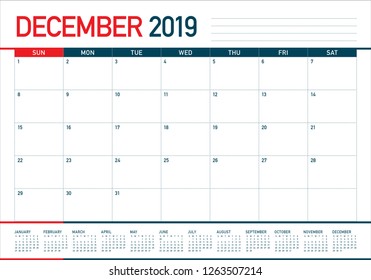 December 2019 desk calendar vector illustration, simple and clean design.
