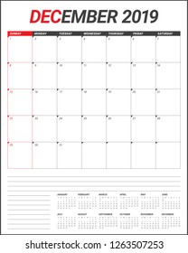 December 2019 desk calendar vector illustration, simple and clean design.