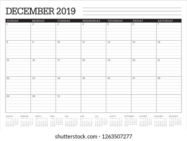 December 2019 desk calendar vector illustration, simple and clean design.